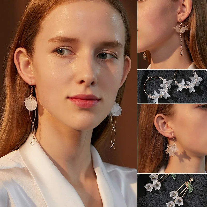 

Trendy White Acrylic Flower Drop Earrings For Women Jewelry Tassel Crystal Pendant Earings Korean Fashion Wedding Earrings 2Z60