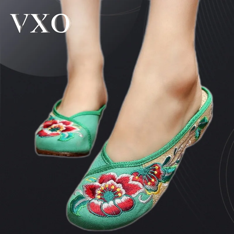 Vxo Embroidered Cloth Slippers Canvas Linen Women's Shoes Flowers Embroidered Ladies Casual