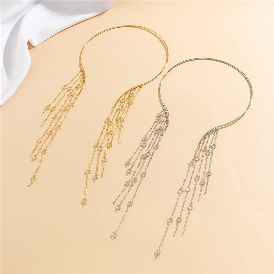 Sexy Goth Long Tassel Star Crystal Sequin Pendant Open Torques Choker Necklace for Women Vintage Chest Chain Wed Accessories New