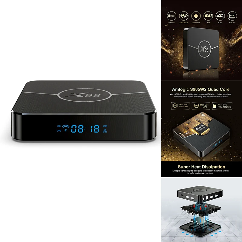 Smart X98 Plus Tv Box Android11 Amlogic S905W2 2Gb Ram 16Gb Wifi 2.4G 5G 4K Av1 Lettore Multimediale Per Google Youtube