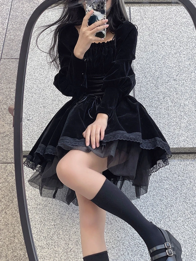 Minivestido de terciopelo negro para mujer, ropa gótica Kawaii de Lolita,  vestido de fiesta de manga larga, moda coreana, diseño de encaje, 2022| | -  AliExpress