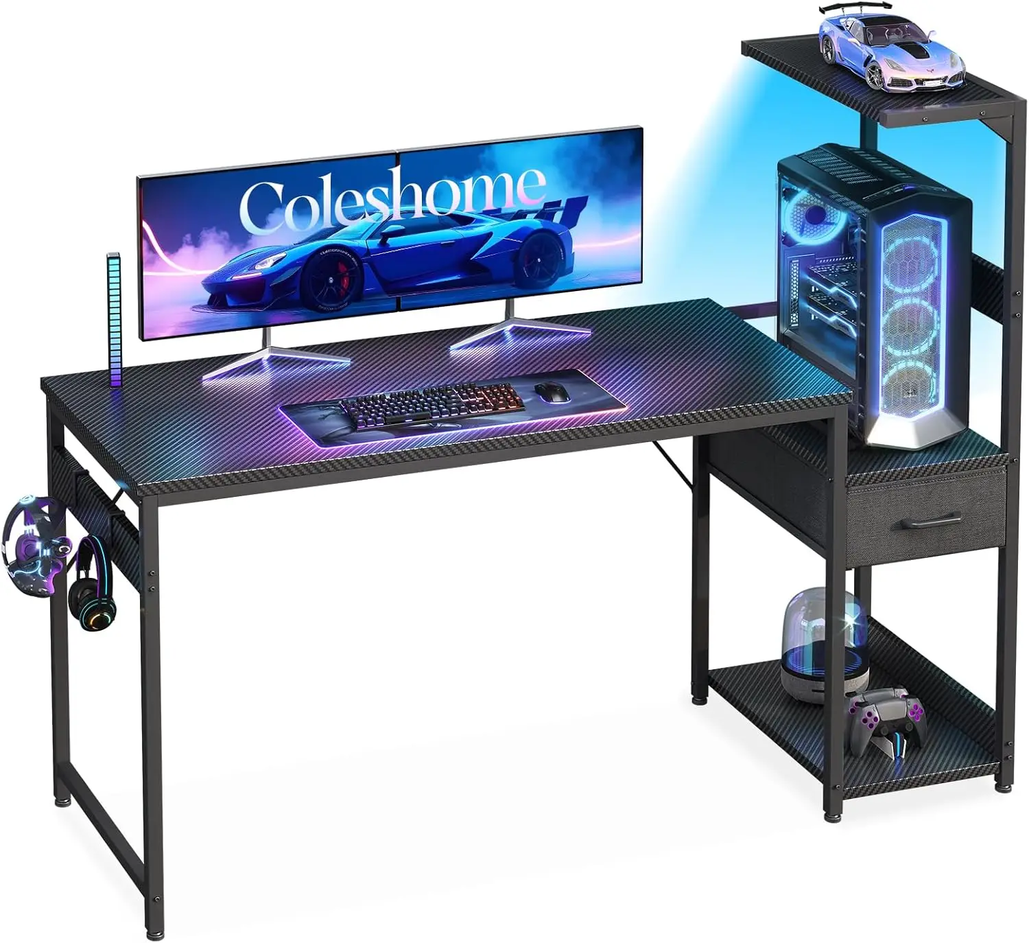 Table de jeu Coleshome avec éclairage LED 138 × 48 cm, bureau de jeu avec tiroirs et étagère, noir