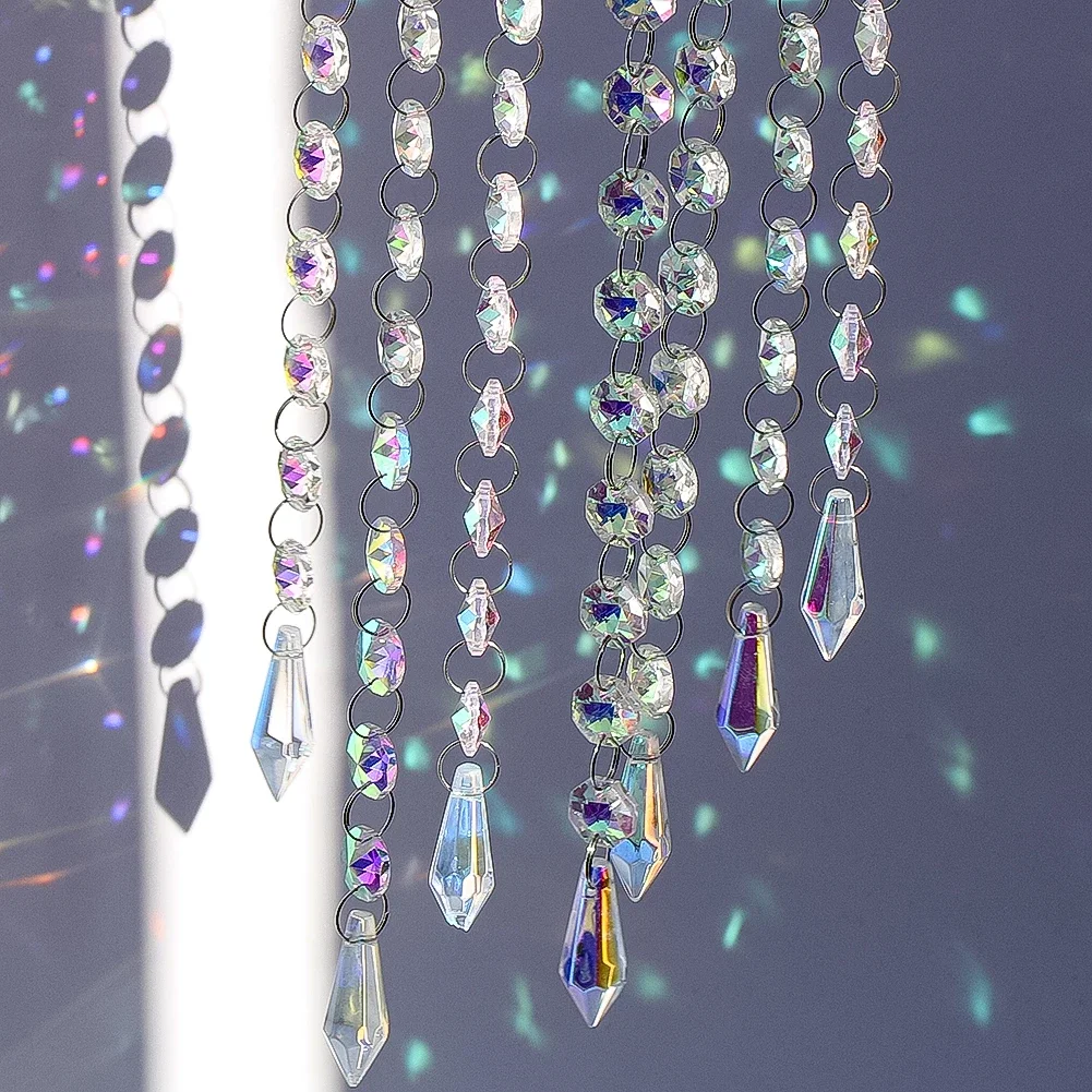 Hanging Crystal Prism Suncatcher Illusion Rainbow Maker Glass Icicle Beads Chain Pendant Wind Chimes Window Garden Decoration