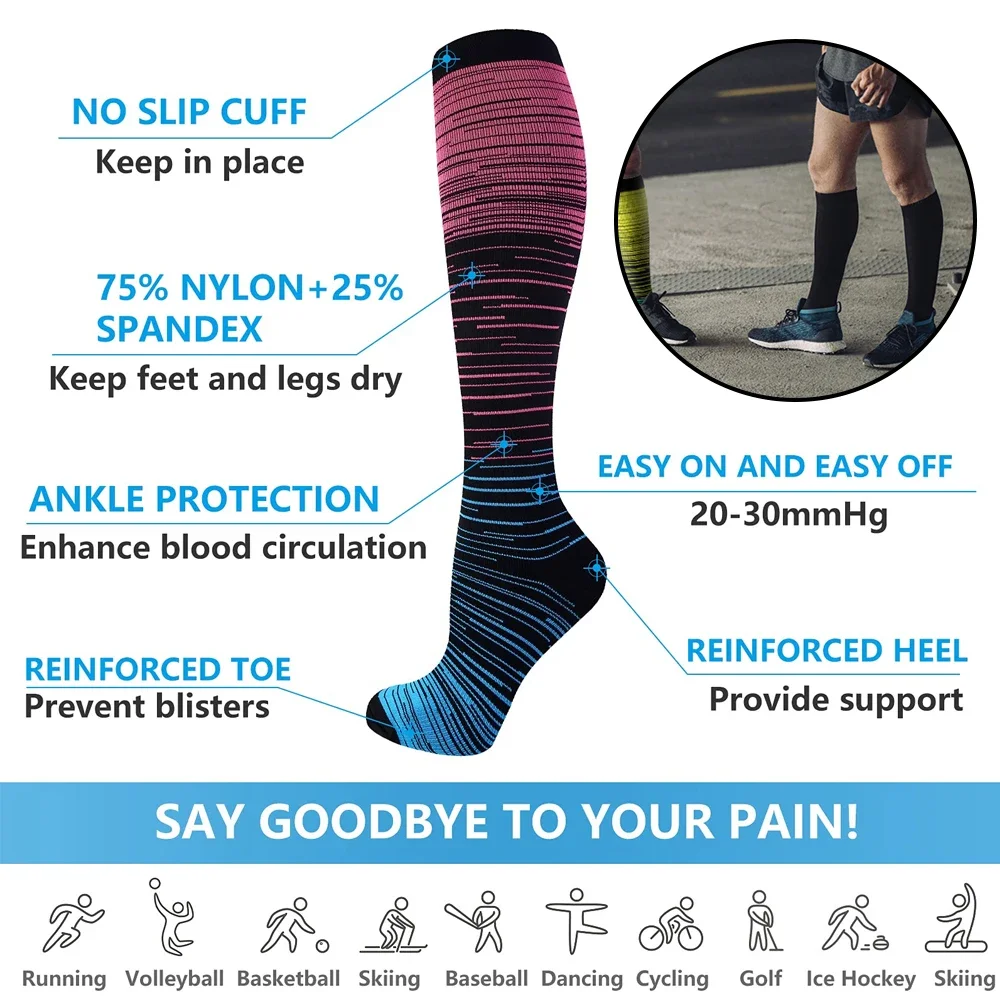 6Pairs Compression Socks Women Men-Knee High Best Support Circulation Socks for Running,Travel,Flight,Nurse,Athletic,Hiking