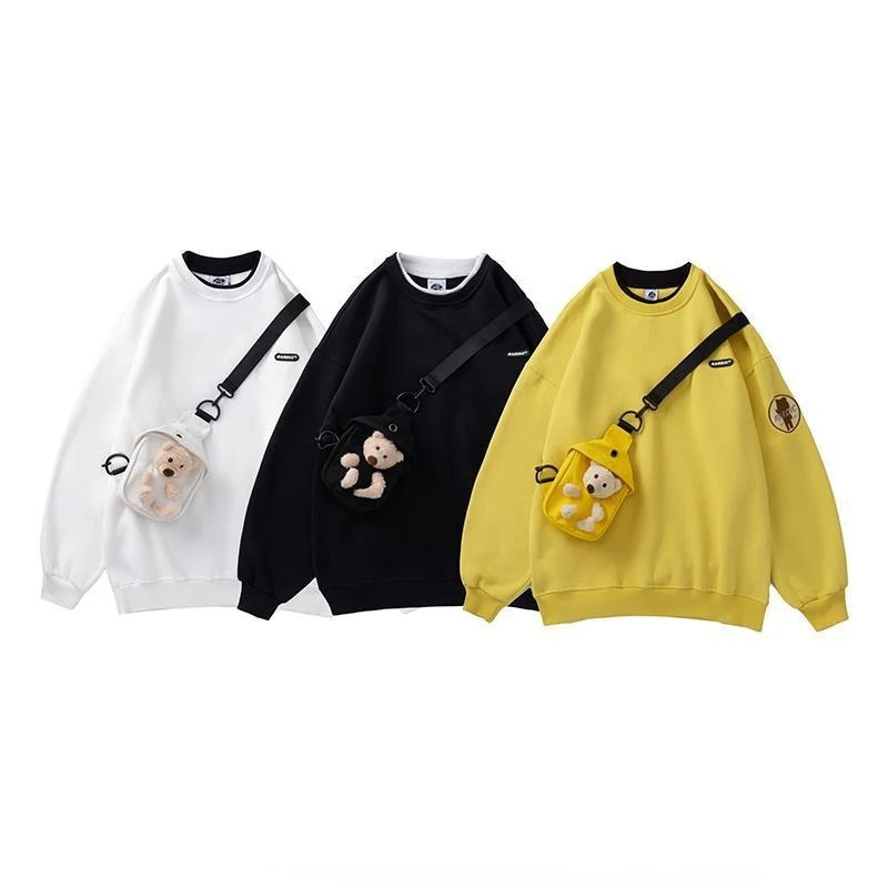 Plush Thick Bear Winter Pullover with Bag Men and Women Loose Couple Fake Two-piece Tops Long Sleeve Solid O-Neck Sweatshirt