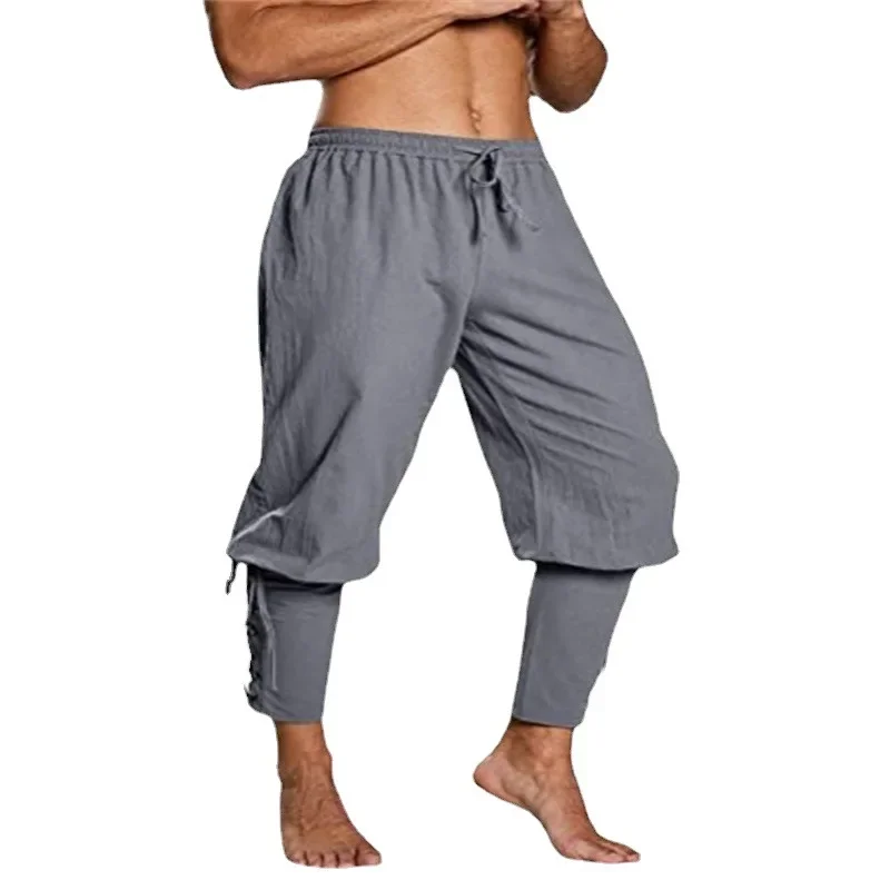 Cotton Linen Long Pants Men Medieval Viking Pirate Costume Lace Up Bandage Drawstring Loose Casual Trousers Baggy For Adult,linen pants,men cotton pants