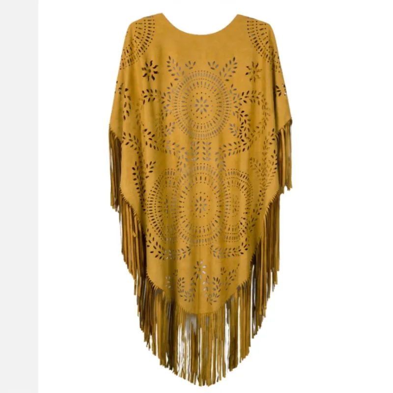 

Camel Suede Floral Hollow Out Fringe Tassel Shawl Women Vintage Capes Ponchos Autumn Bohemian cardigan Cloak Boho Capes Yillow