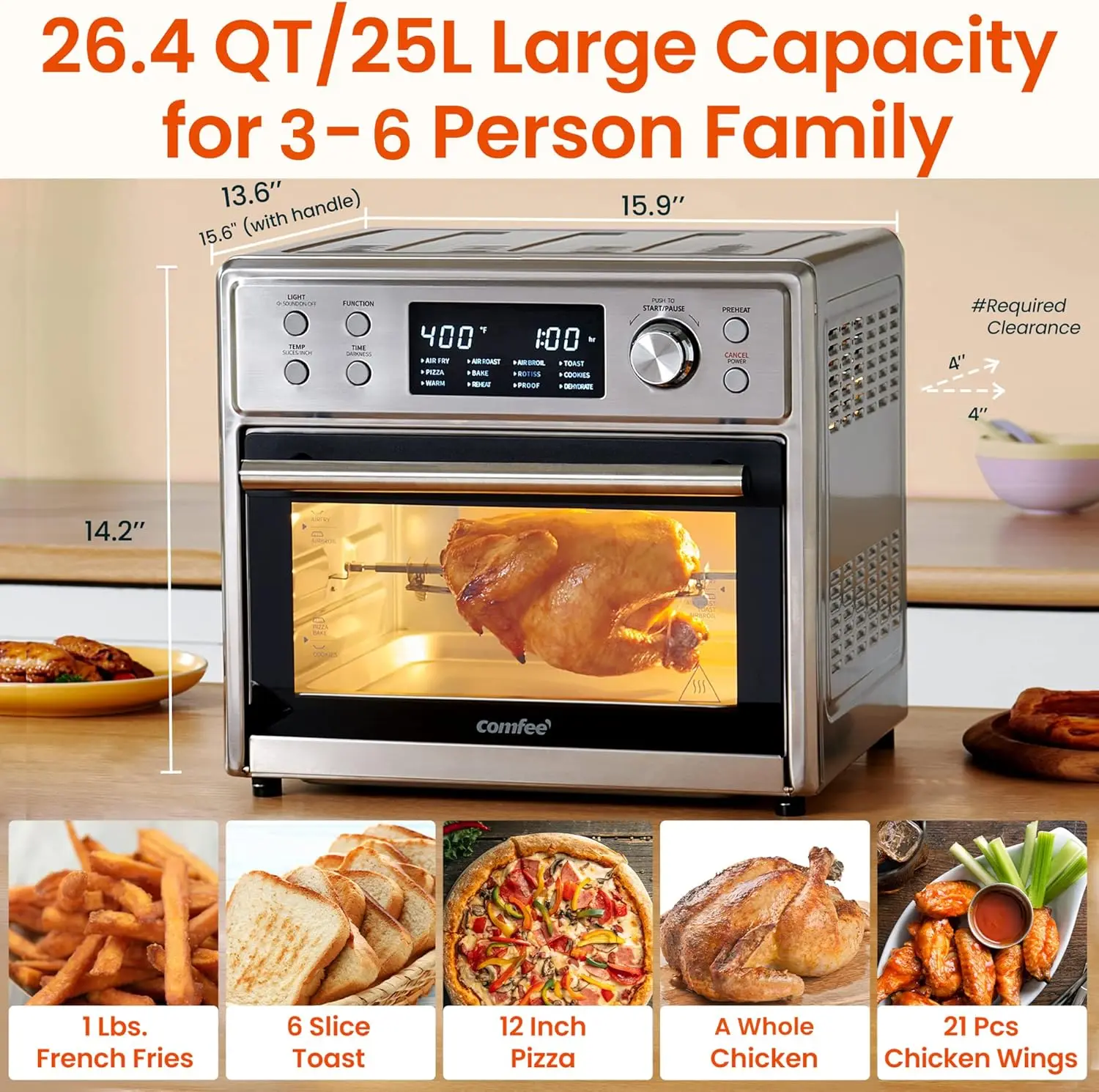 COMFEE' 12-in-1 Toaster Oven Air Fryer Combo with Rotisserie 26.4QT 6 Slice Toast 12' Pizza Double Layer Countertop Convection 6