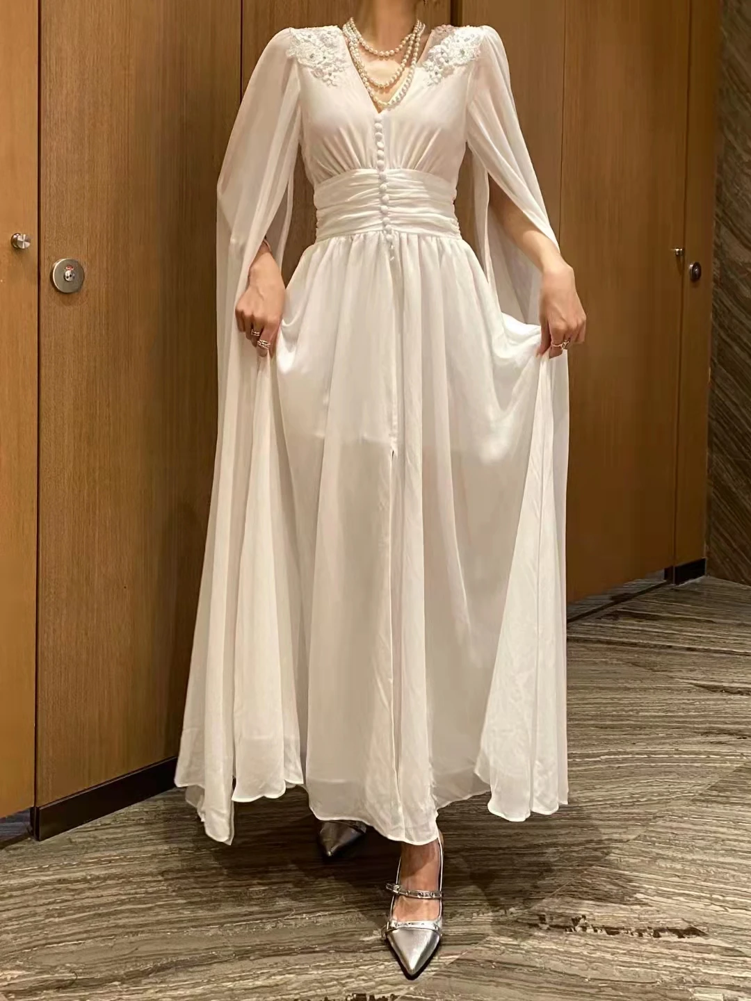 

Formal Banquet Solid Color Long Summer 2023 Women's Sexy V-neck High Waist Split Cloth Pin Bead Dress