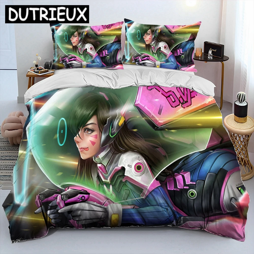 

OW Overwatch Game Gamer DVA Comforter Bedding Set,Duvet Cover Bed Set Quilt Cover Pillowcase,King Queen Size Bedding Set Kids 3D