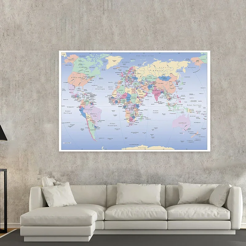 Map Of The World In French 150*100 cm Poster Non-woven Canvas Painting School Supplies Living Room Home Decoration