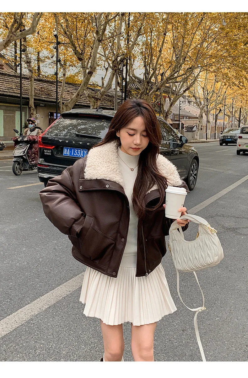 Trendy Fleece Thicken Warm Short Leather Jacket Shearling PU Leather Cotton Lining Women's Winter New Zipper Leather-Cotton Coat