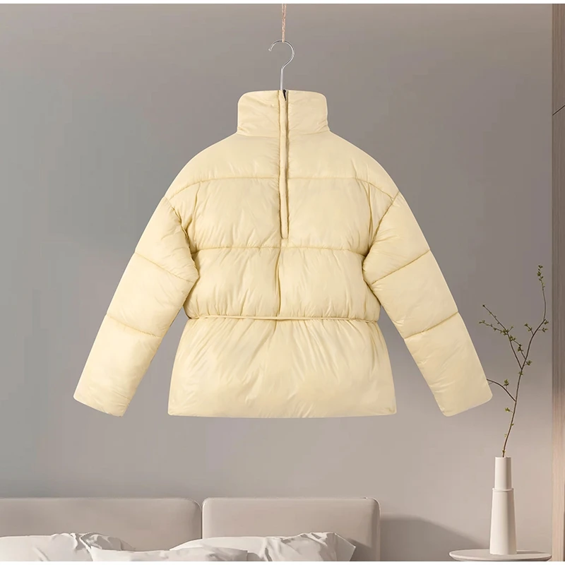 Lace up Stand Collar Cotton Jacket Woman Long Sleeve Zipper Waist Cinching Casual Coat Street Versatile Women's New Warm Jackets