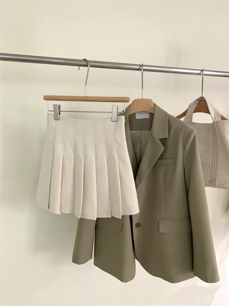 Korean Fashion Solid Two-piece Skirt Set Women Single Breasted Blazer Coat + Pleated Mini Skirt Autumn Office Lady Casual Suits