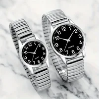 Montre à quartz avec bracelet élastique en alliage noir, chiffres arabes, pour homme et femme, coffret cadeau pour les amoureux. 3