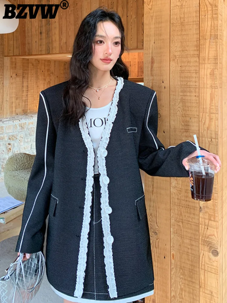 BZVW Elegant Blazer Women V-neck Single Breasted Contrast Color Open Wire Office Lady Coat Versatile 2024 New Clothing 25X4052