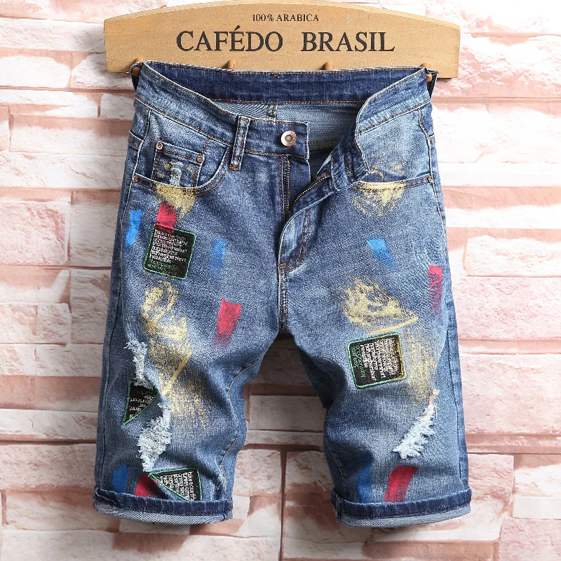 

2023 New Graffiti Denim Shorts Men Knee Length Ripped Hole Painted Fashion Blue Straight Jeans Shorts Male Streetwear