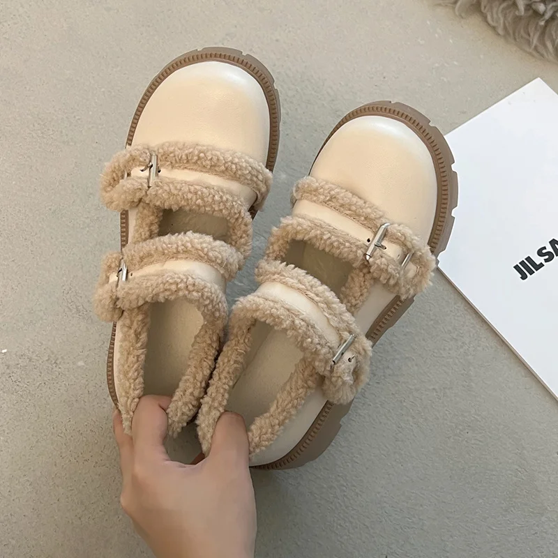

Shoes Woman 2022 Clogs Platform Female Footwear Oxfords New Creepers Dress Winter Leather PU Mary Janes Short Plush Fabric Med