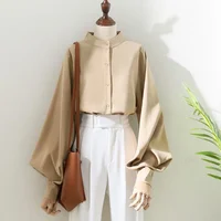 امرأة الربيع الخريف نمط البلوزات قميص سيدة طويلة فانوس كم الوقوف طوق فضفاض Blusas القمم DF4847 1