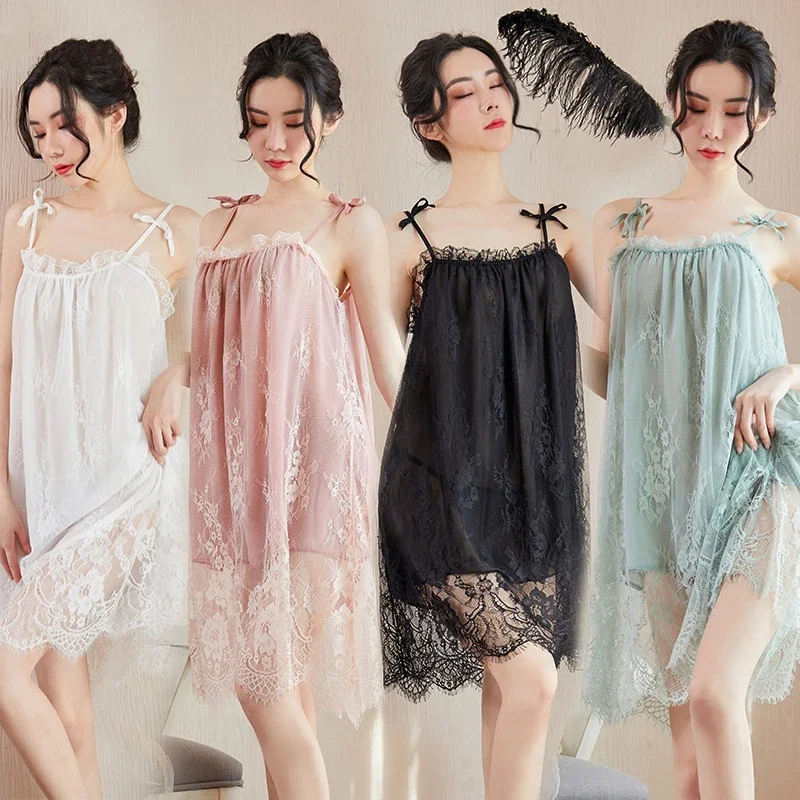 Sexy Sleepwear For Women Home Clothes Sling Lace Nightdress Nightwear Comfortable Lingerie Sleeveless Pyjama Female Summer Dress princess nightdress summer home clothes set