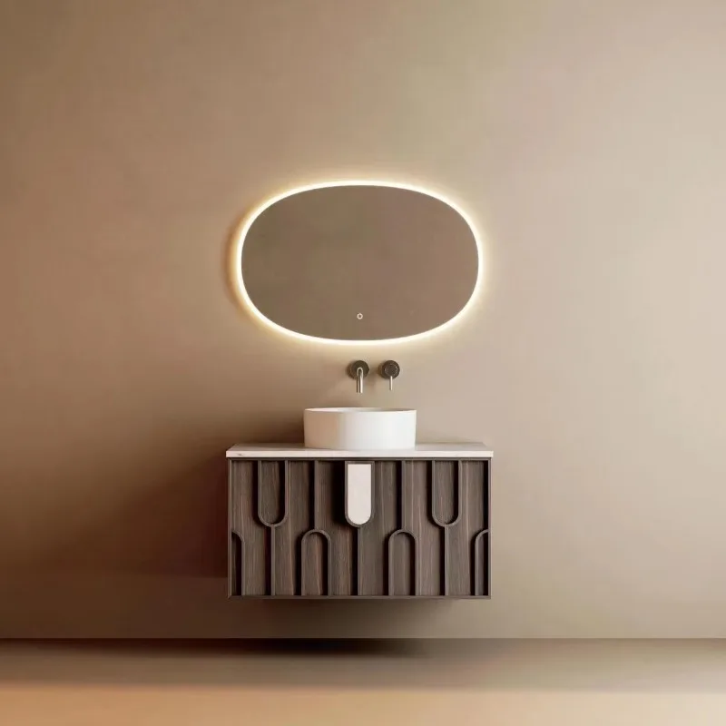 กระจกอัจฉริยะติดผนังห้องน้ำทันสมัย สีวอลนัทเข้ม พร้อมไฟ LED 1