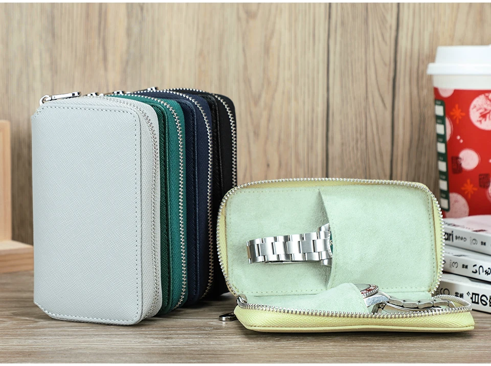 CONTACTS FAMILY Luxus-Tasche mit Reißverschluss, tragbare Reise-Organizer-Tasche für 2 Uhren für Männer und Frauen, Geschenk aus echtem Leder – Detail 2