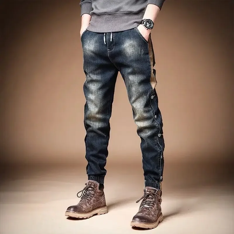 thumbnail image 1 of Pantalones vaqueros ajustados y ajustados para hombre con bolsillos, pantalones vaqueros para hombre, pantalones gráficos recortados, corte entallado, ropa de calle Y2k de gran tamaño, 1 of 4