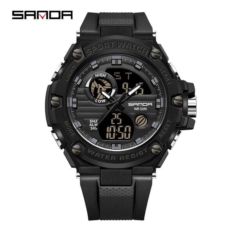 SANDA 2023 New G style Mens Watch Dual Display Electronic Quartz Watch Outdoor Sports 50M Waterproof LED Digital Date Watch 3196