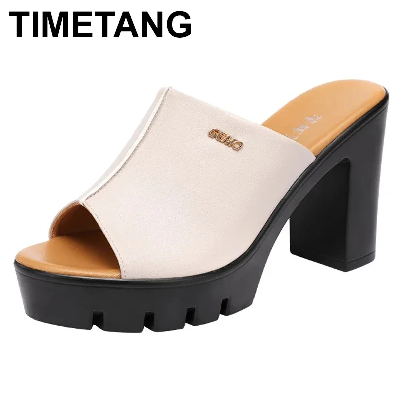 

TIMETANGSmall Big Size 32-43 Block Heel Platform Shoes Summer Slippers 2021 Open Head High Heels Slides Women Office Elegant
