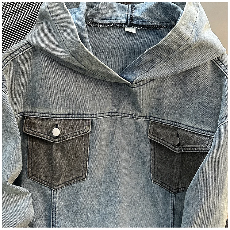 Spring Autumn Denim Hoodie Splicing with Pockets Men's Sweatshirts American Casual Fashion Loose Jean Male Pullover Top