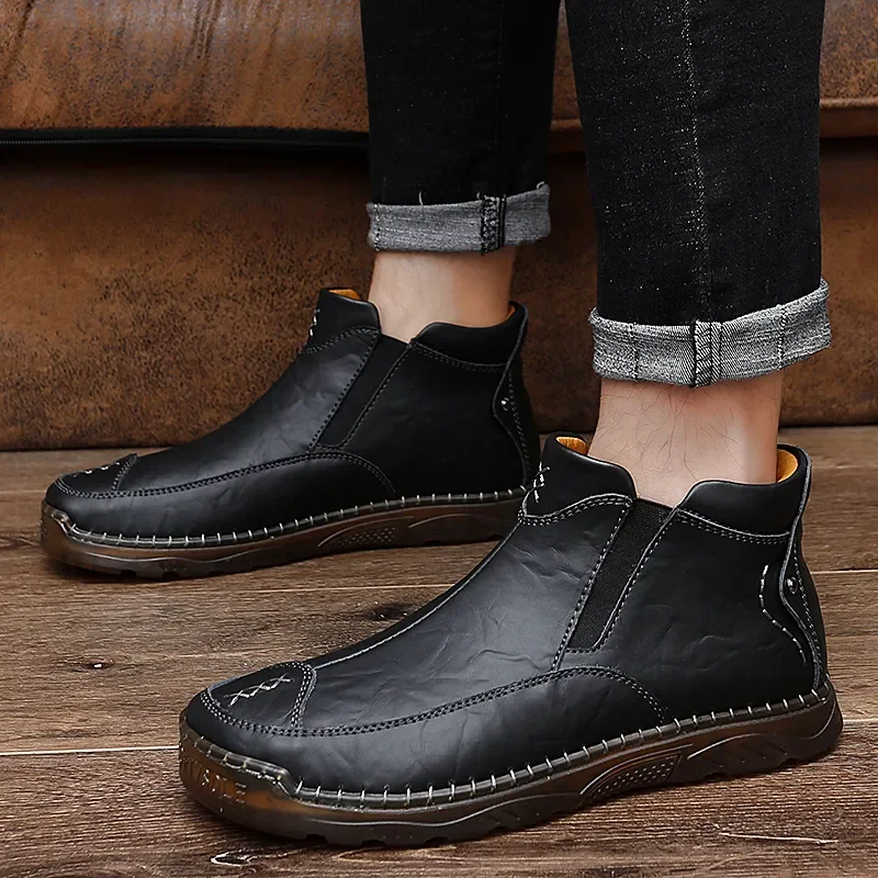 Autumn Winter Elegant Chelsea Boots Leather Men Shoes Round head Luxury designer Ankle boots Anti slip black Slip-on Big Size 47 chelsea boots