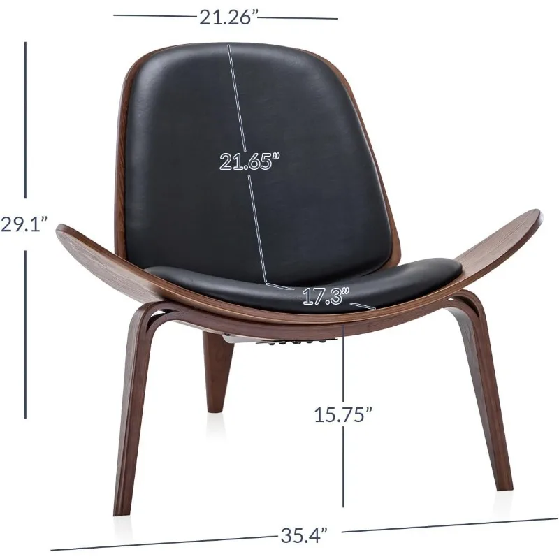 Leather shell recliner, Living room, Bedroom, Office, upholstered tripod side chair, Solid wood - Avalon (black) 3