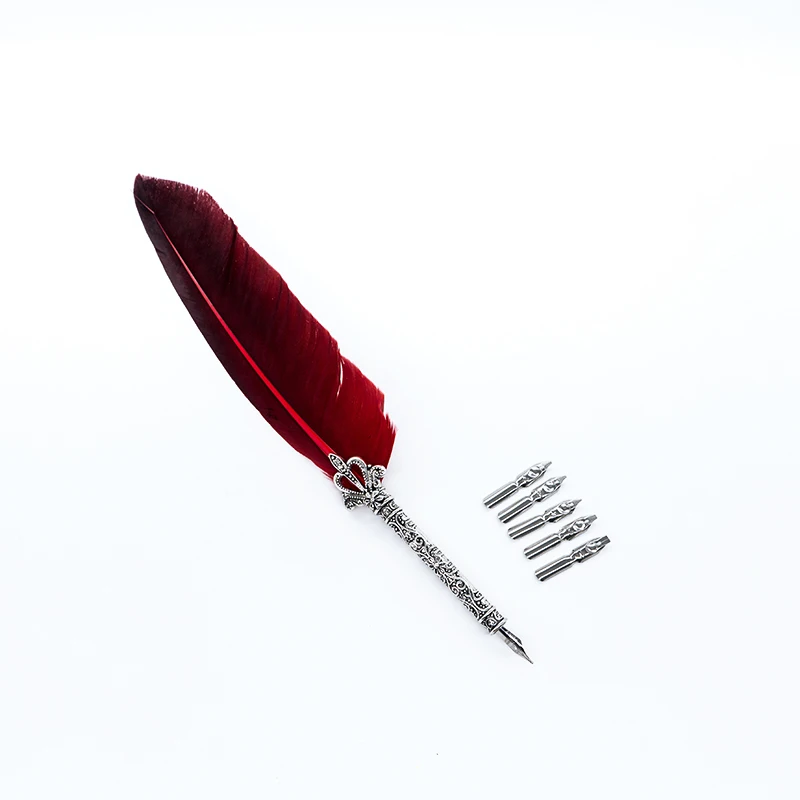 1 Set Feather Fountain Pen Calligraphy Pen Quill Oblique Fountain Luxury Pen Ink +5pcs Nib Metal for Fancy Font Office Supplies