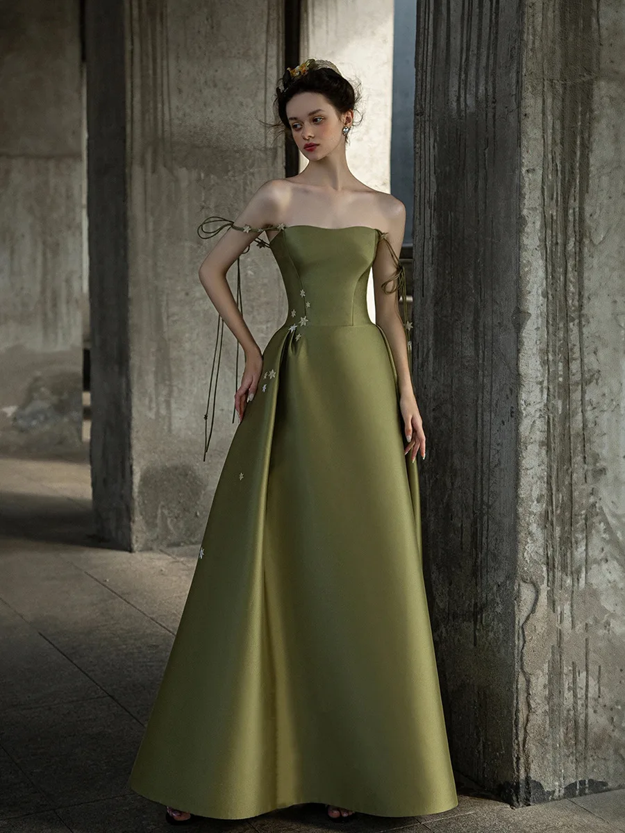 

Vintage Green Wedding Dress Women Boat Neck Lace-up Applique Slit A-line Evening Gown Elegant Simple Pleated Cocktail Dresses
