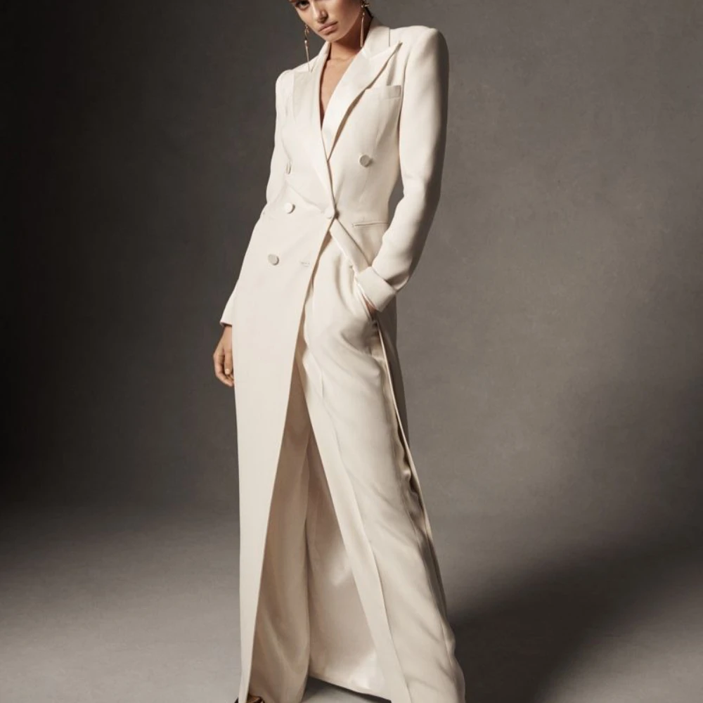 SILIWEYA Fashion Womens Suit Set Formal Occasion Elegant Two Piece Long Coat Wedding Party Wear Casual Robe V-neck Blazer Suits 2