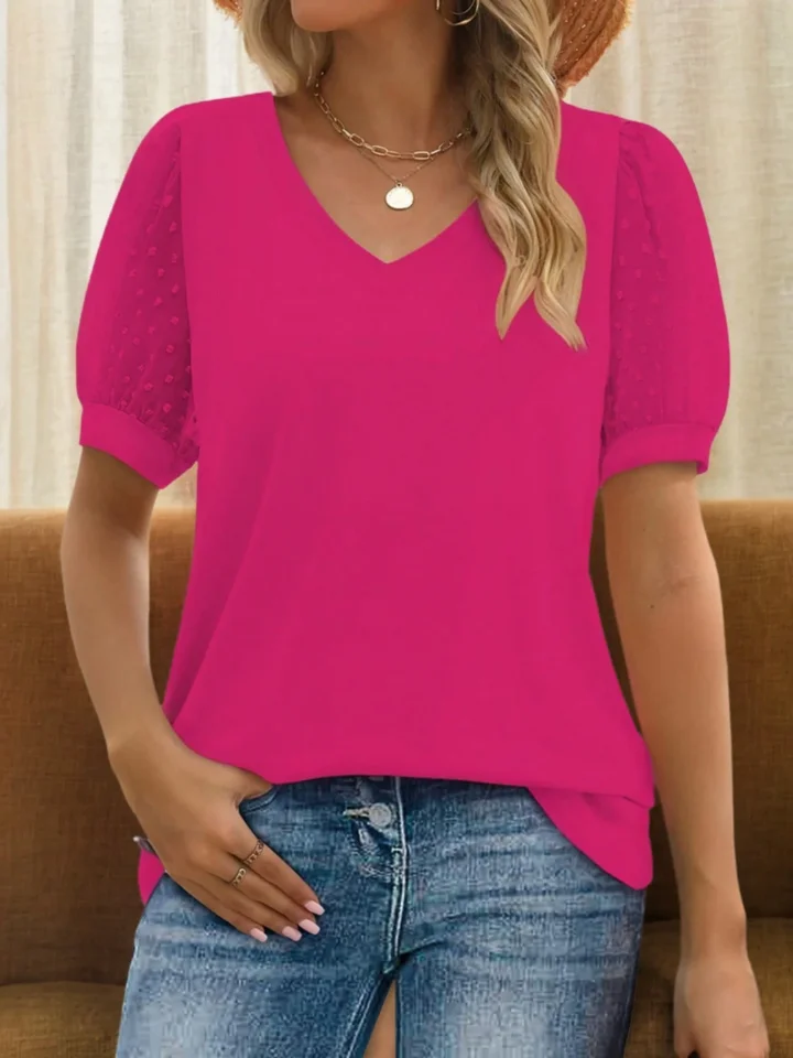 Casual V Neck Puff Sleeve Blouse for Women