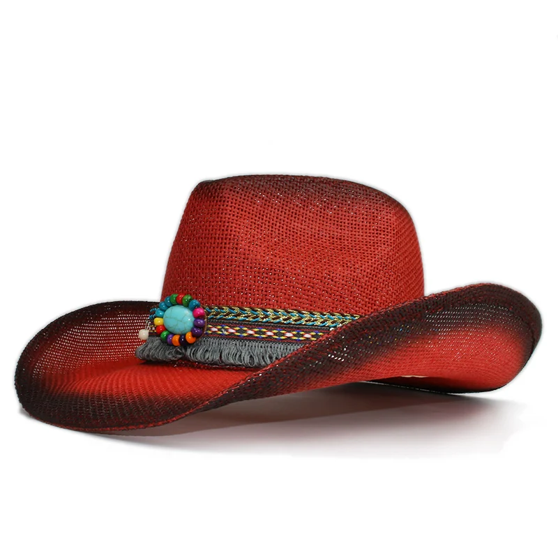 

Retro Turquoise Beads Tassels Leather Band Belt Hollowed Out Women Men Straw Wide Brim Beach Cowboy Cowgirl Western Sun Hat