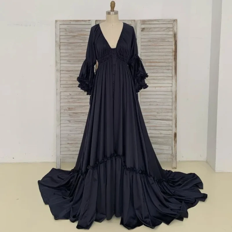 Soft Silk Black A Line Maternity Robes for Photo Shoot V Neck Long Sleeves Pregnant Women Dresses Sweep Train Photography Gowns