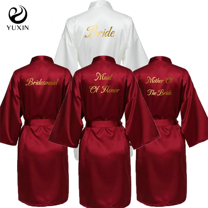 

Burgundy Satin robes Silk Bride Robe Wedding Gift Bridesmaid Bride Dressing Gown Bridal Slippers Gold Print