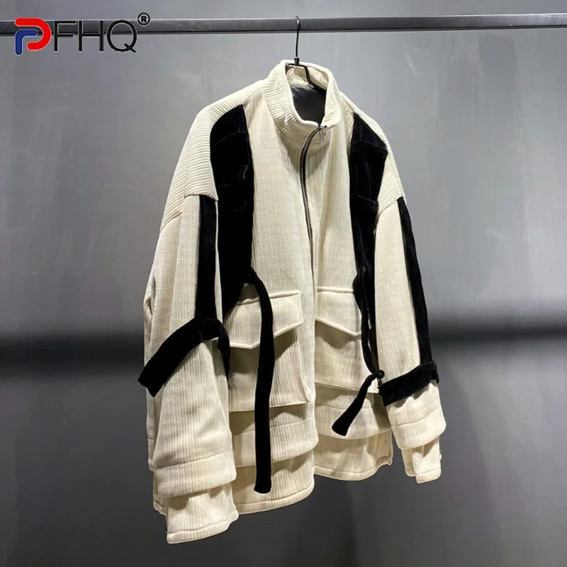 

PFHQ Corduroy Color Contrast Splicing Men's Jackets High Quality Streetwear Wear Parachute Original Zippers Stand Collar 21F1226