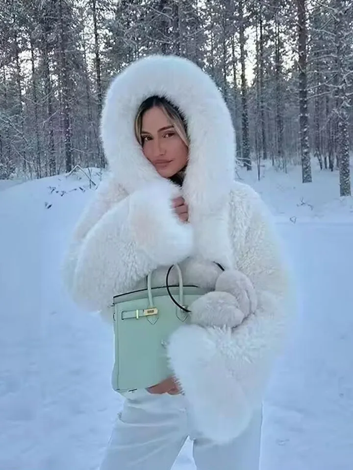 ZADORIN High Quality Faux Fur Coats Hooded Cropped White Black