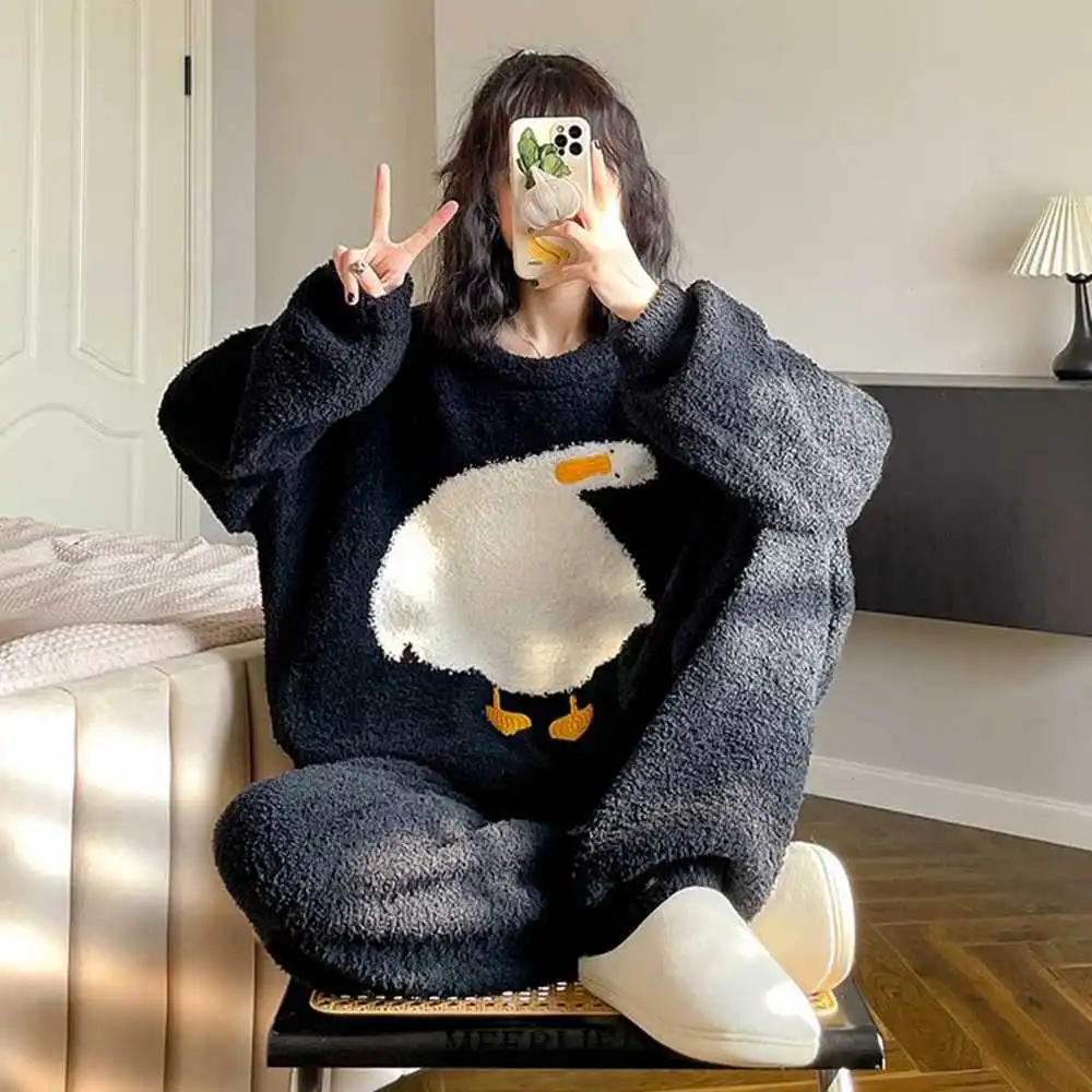 Plus Size 6XL 150kg Winter Warm Flannel Pajamas for Women Sweet Velvet Thicken Loose Sleepwear Set Coral Home Clothes
