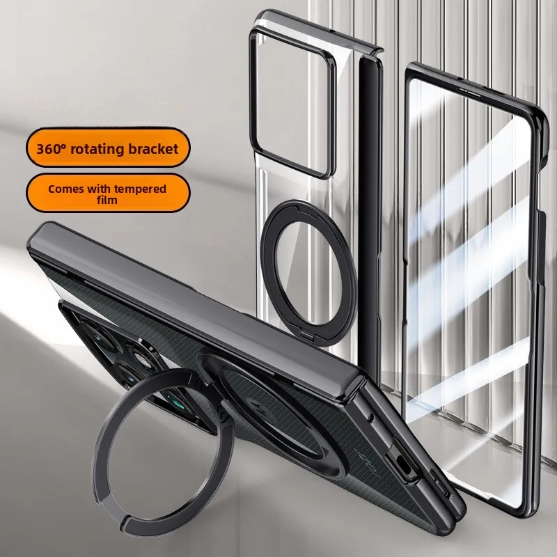 Electroplated Transparent HD Glass Cover with 360° Rotating Magnetic Stand and Shockproof Wireless Charging Compatibility