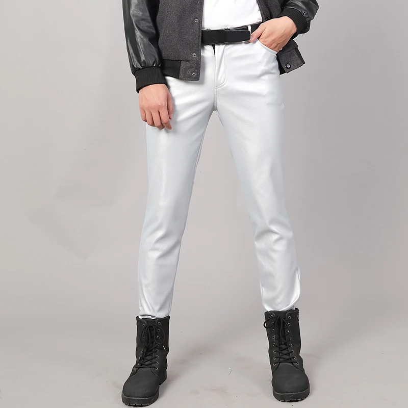 PU Leather Pants Mens Elastic Slim PU Trousers Thin Velvet Windproof Motorcycle Trousers Outdoor Work Biker Leather Pants