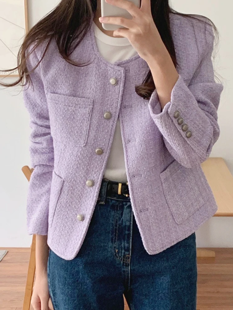 QOERLIN OL Women Elegant Tweed Blazer Jacket Korean Fashion Single-Breasted Cardigan Coat Long Sleeve Female Outerwear Chic Tops