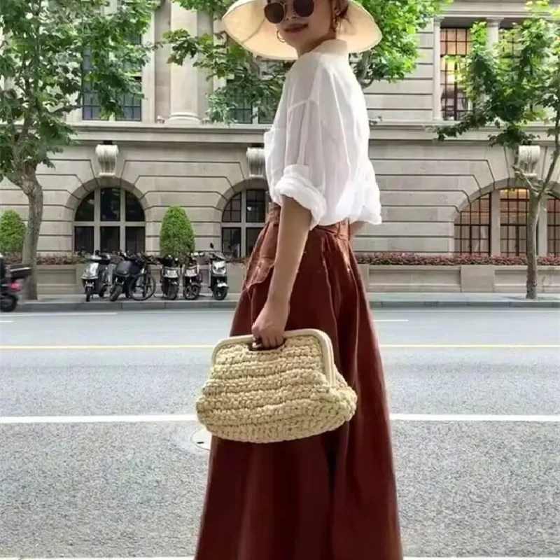 Summer Half-Moon Beach Straw Shoulder Bags Women's Straw Bucket Bag Purse Woven Straw Handbags Casual Tote Crossbody Bag