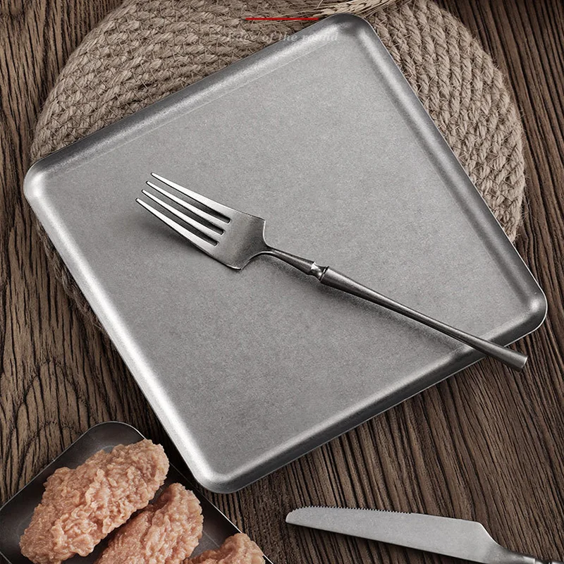 1 Pcs Retro Square 304 Stainless Steel Tray Caf&eacute; Snack Cake Plate Restaurant Tableware