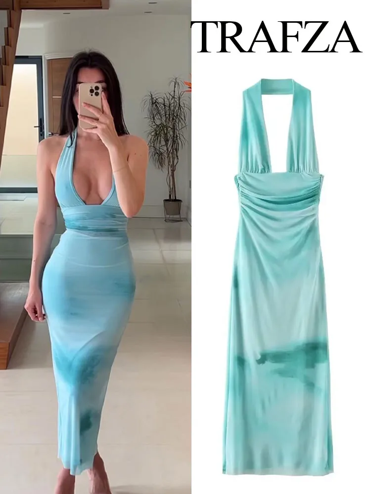 

TRAFZA Female Summer Fashion Elegant Tie-dye Gradient Sleeveless Backless Dress Woman Folds Neck-Mounted Slim Long Dresses Traf