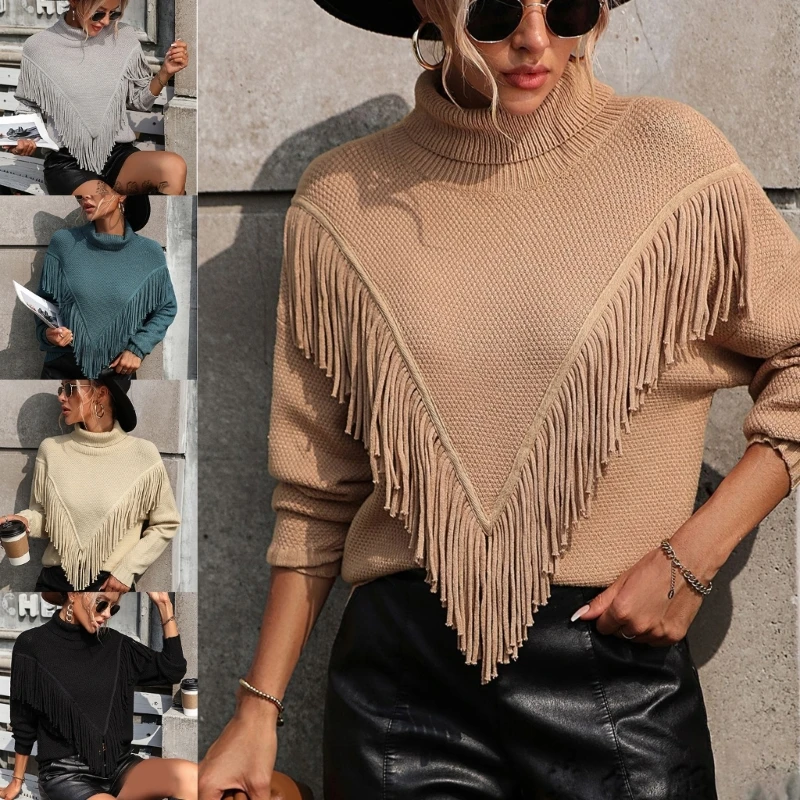 

Womens Sweater Turtleneck Autumn Winter Tassels Pullover Casual Knitwear Tops