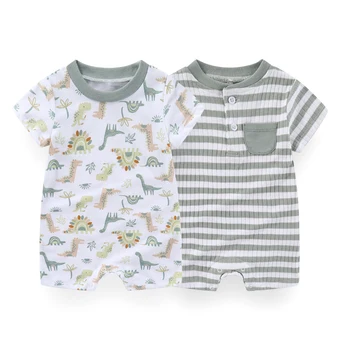 2 Pcs Cartoon Dinosaur Baby Boy Flat-angle Jumpsuits Short Sleeves Newborn Rompers 0-9M Infant Clothes 1